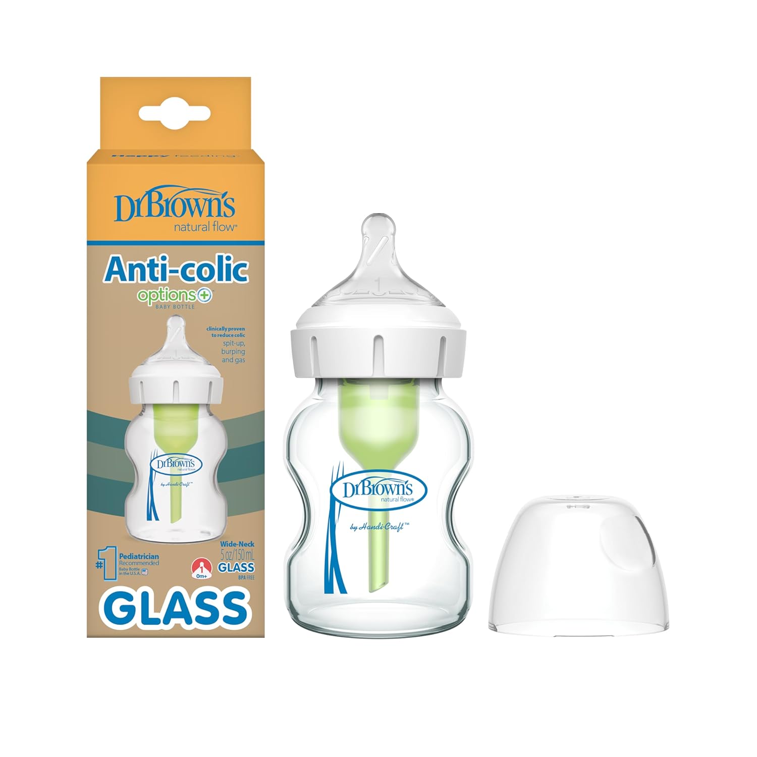 Dr. Brown'S Natural Flow Anti-Colic Options+ Wide-Neck Glass Baby Bottle 5 Oz/150 Ml, With Level 1 Slow Flow Nipple, 1 Pack, 0M+