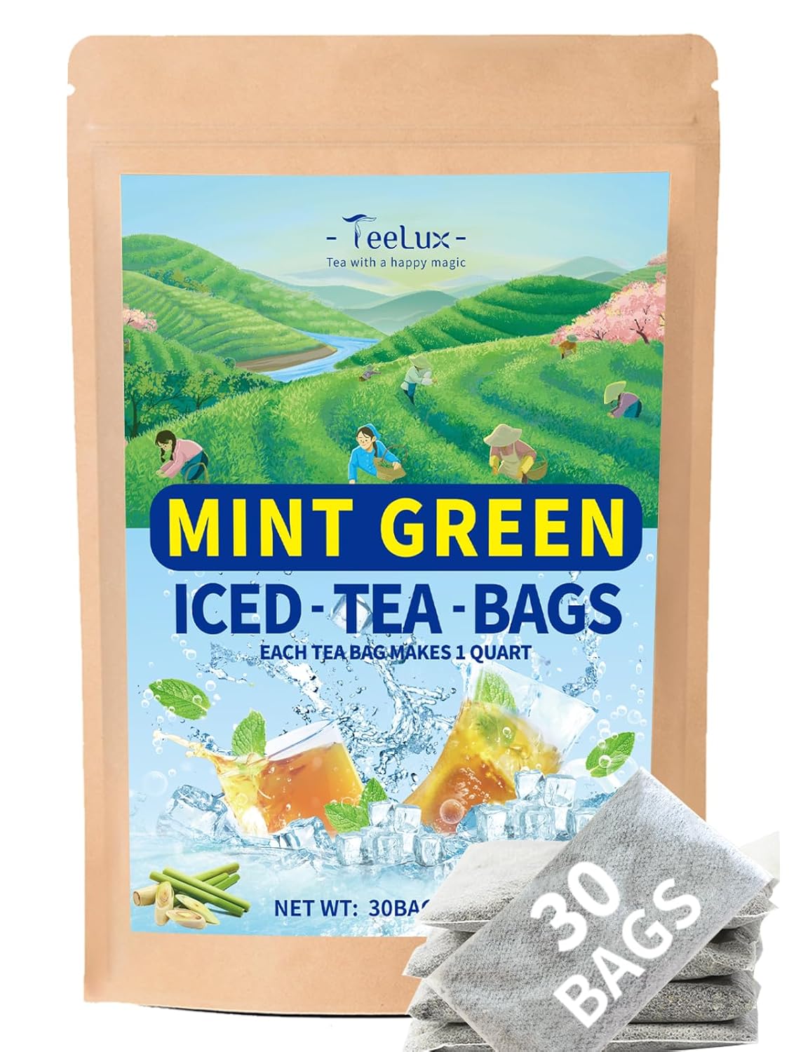 Teelux Mint Iced Green Tea Bags, Green Tea With Peppermint, Spearmint, And Lemongrass, Family Size Refreshing Iced Tea, 30 Count