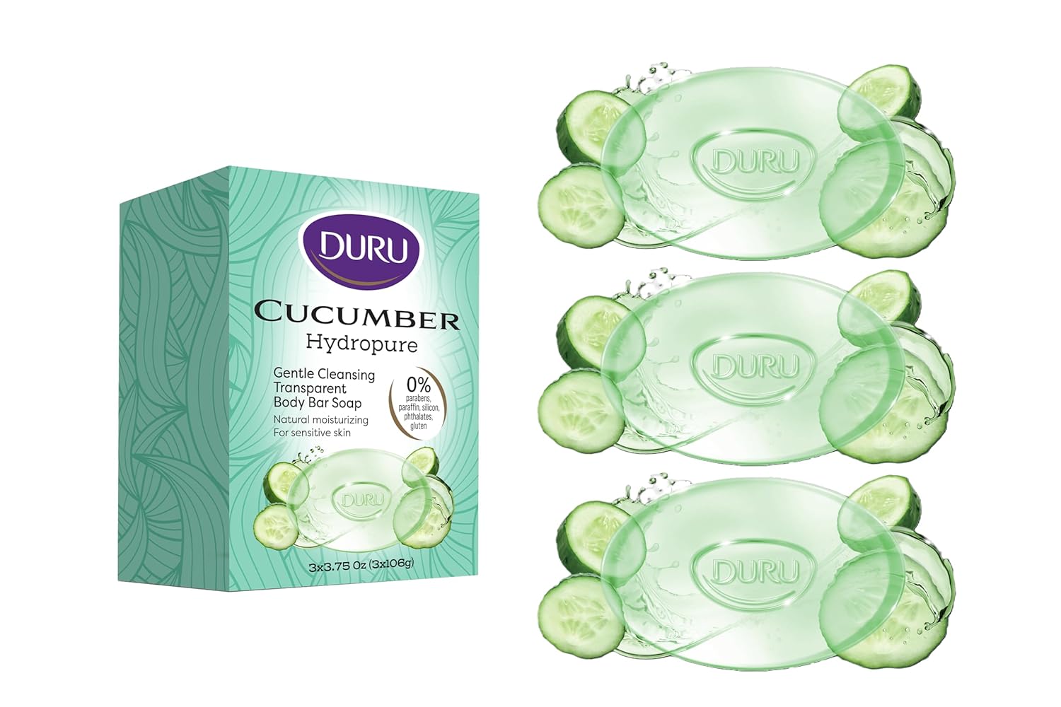 Duru Cucumber Glycerin Bar Soap Cleansing Bar Moisturizing Sensitive Skin - Vegan Transparent Paraben Free Alcohol Free Silicone Free Phthalete Free Gluten Free Body Wash - 3 Pack
