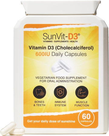 Sunvit-D3 Vitamin D 600 Iu - Cholecalciferol Vitamin D Capsules Support The Maintenance Of Bone, Teeth, Muscle & Immune System | Made In Uk & Gmp Approved - D3 Vitamins 60 Convenient