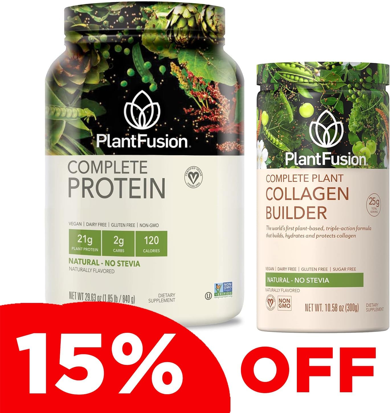 PlantFusion Complete Vegan Protein Powder and Collagen Bundle - Keto, Gluten Free, Soy Free, Non-Dairy, No Sugar, Non-GMO - Unflavored, No Stevia