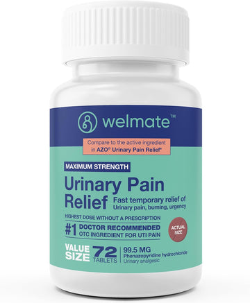 Welmate Urinary Pain Relief | Uti Relief | Fast Acting | Bladder Discomfort & Pain Relief | Phenazopyridine Hydrochloride 99.5Mg | 72 Count Tablets