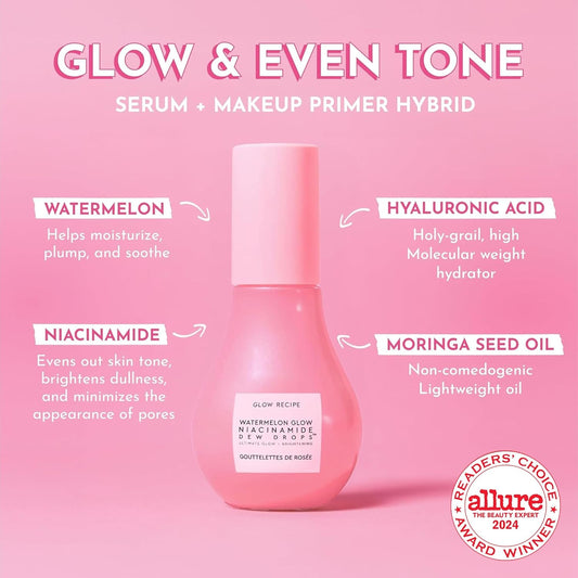 Glow Recipe Watermelon Niacinamide Dew Drops - Brightening, Plumping Hydrating Face Serum, Makeup Primer + Liquid Highlighter With Hyaluronic Acid - Dewy & Glowing Korean Skin Care (40Ml)