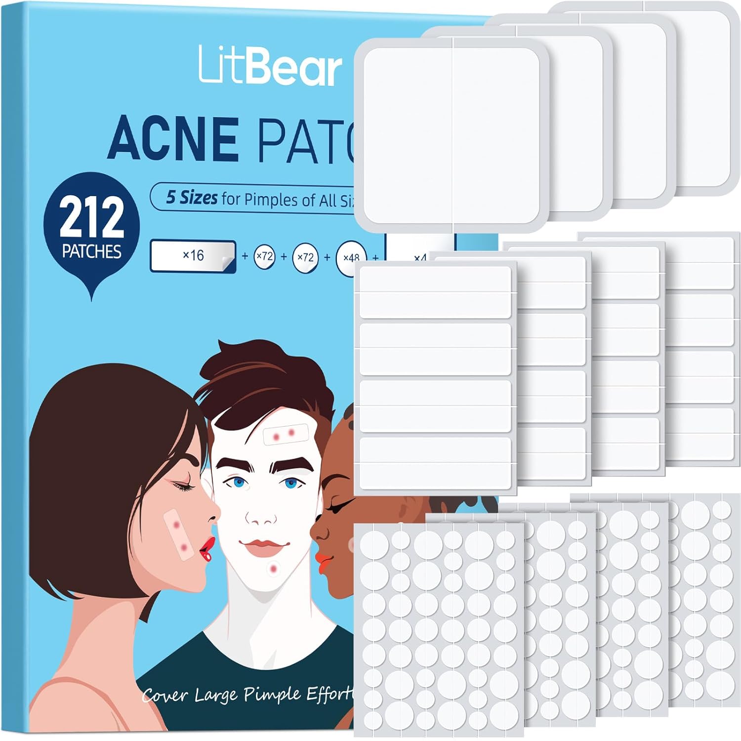 Litbear Large Pimple Patches, (5 Sizes 404 Counts) Big Acne Patches, Big Hydrocolloid Bandages For Body, Back, Face, And Chest, Zit Patches For Large Breakouts, Hydrocolloid Patch (Xl Strip, Square)