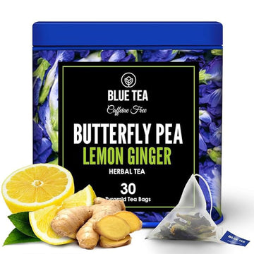 Blue Tea - Butterfly Pea Flower Tea - Lemon Ginger - 30 Count - Plant Based Tea Bags || Anti-Oxidant Rich || Vitamin-C Rich - Caffeine Free - Flower Based - Herbal Tea - Vegan - Detox Tea - Non-Gmo | Tin Packaging