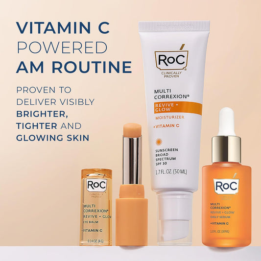 Roc Multi Correxion Revive + Glow Vitamin C Skin Care Routine: Eye Balm + Serum + Spf 30 Moisturizer, Skincare Set For Women And Men