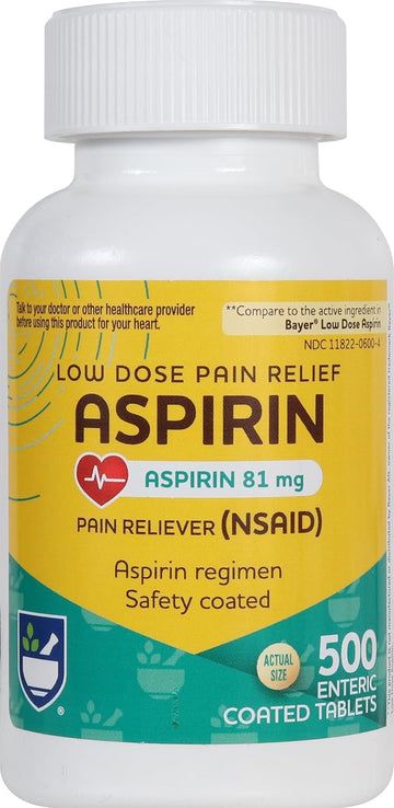 Rite Aid Aspirin Enteric Tablets - 81 Mg Aspirin - 500 Count - Low-Dose For Headache Relief - Safety Coated - Aspirin Regimen - Migraine Medicine - Pain Relief