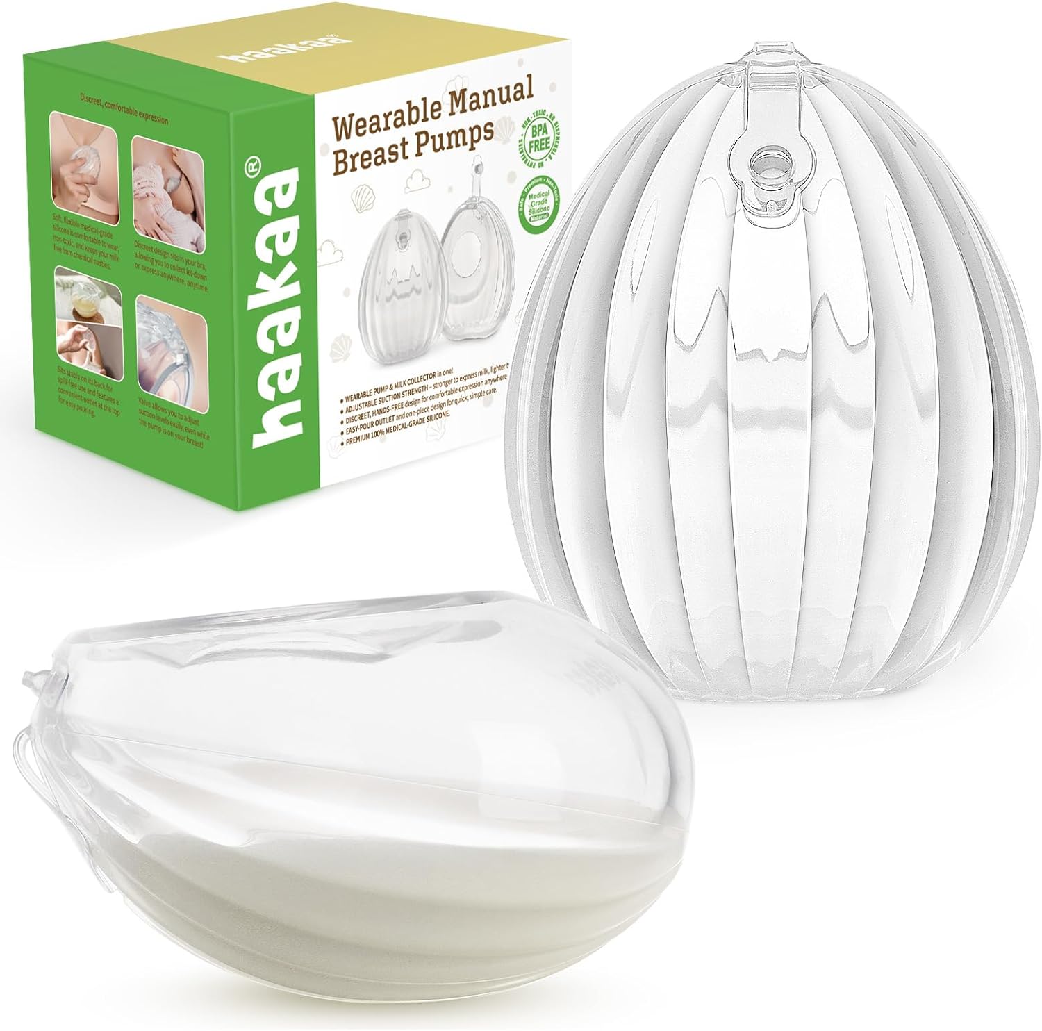 haakaa Shell Wearable Silicone Breast Pump - Silicone Hands Free Breast Pump - Passive Breast Milk Collector Shell for Newborns - Breastfeeding Essentials - 2.5oz/75ml,2 Count
