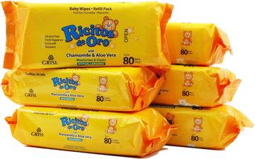 Ricitos De Oro Baby Wipes, Chamomile And Aloe Vera Refillable Baby Wipes, Moisturize And Clean Baby, Lightly Scented, Hypoallergenic, Alcohol-Fee, 6-Pack Of 80 Wipes Each One (480 Wipes)