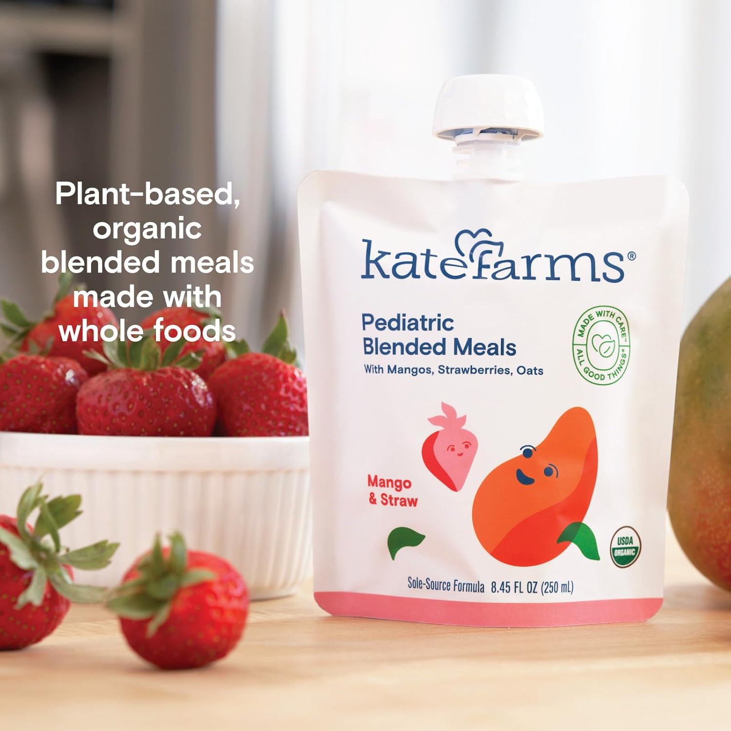 Kate Farms Organic Pediatric Blended Meal, Mango And Strawberry, 8G Protein, Organic Whole Foods, Oral Or Tube Feed Nutrition, Gluten Free, Non-Gmo, 8.45 Oz (12 Pack)