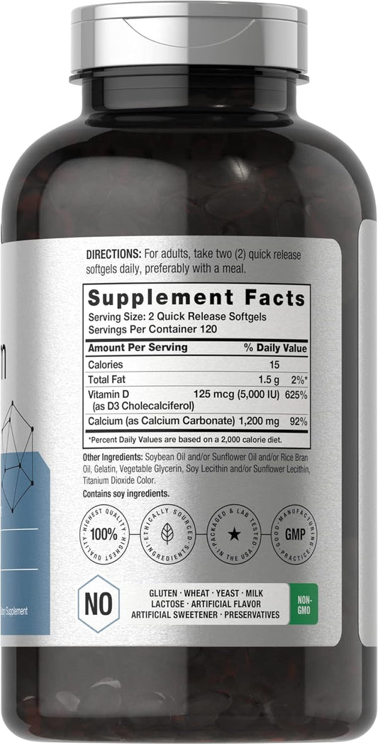 Horbäach Calcium 1200 mg with Vitamin D3 | 240 Softgels | 5000 IU Vitamin D3 | Absorbable Calcium Supplement | Non-GMO, Gluten Free Calcium Supplement