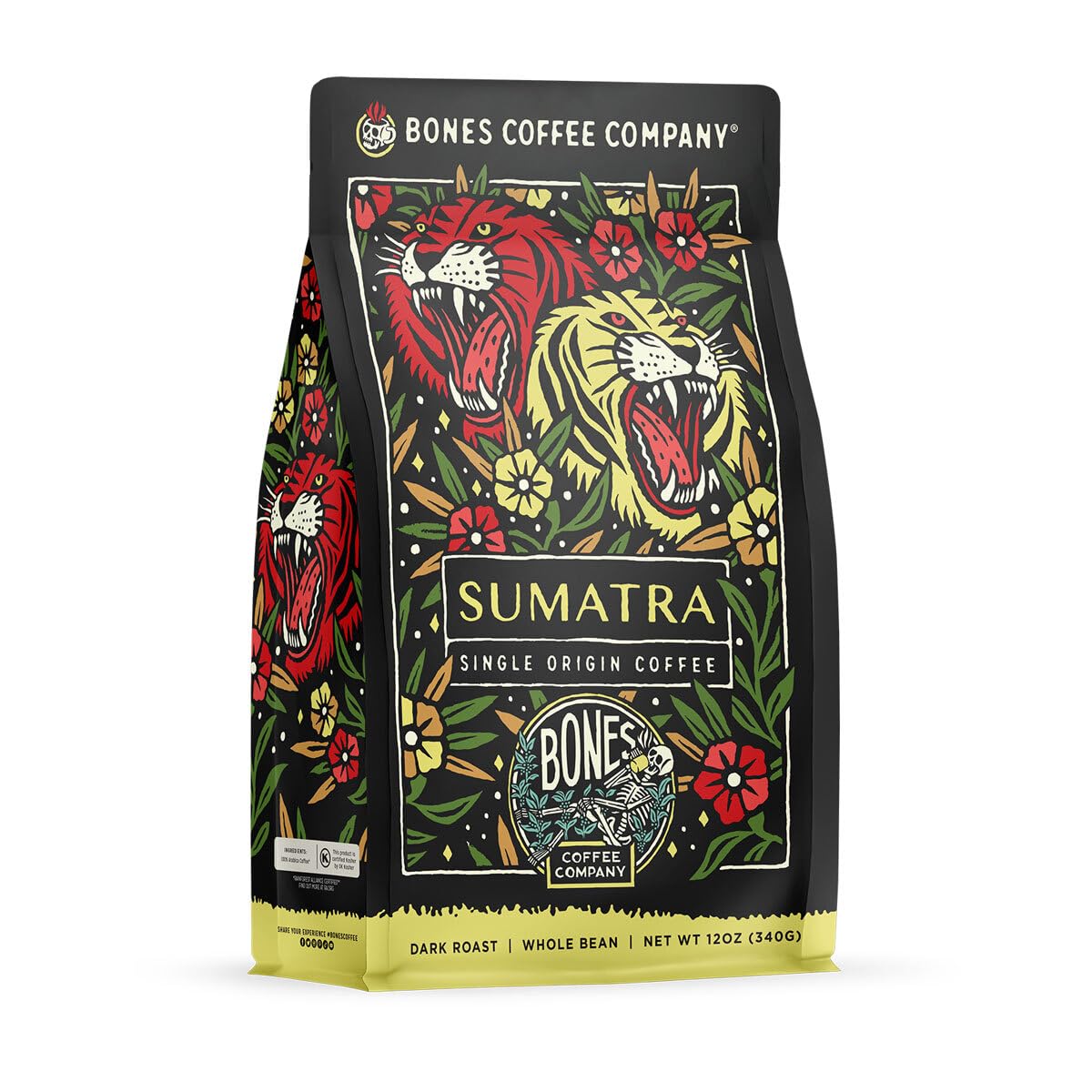Bones Coffee Company Sumatra Single-Origin Ground Coffee Beans | 12 oz Low Acid Dark Roast Gourmet Coffee | Flavored Coffee Gifts & Beverages (Ground)