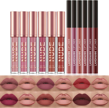Beauty Searcher 12 Pieces Lipstick Make-Up Set, 6 Pieces Velvety, Matte, Liquid Lipsticks + 6 Pieces Lip Liner Pencil, Waterproof, Durable Professional Lip Gloss Kit Lip Make-Up Gift Set