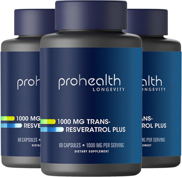 Prohealth Trans Resveratrol Plus 1000Mg. Worlds Most Researched Trans-Res Supplement. Doctor Formulated With Quercetin & Bioenhancers For Max Potency. Lab Tested 98% Pure. 30 Servings (3 Pack)