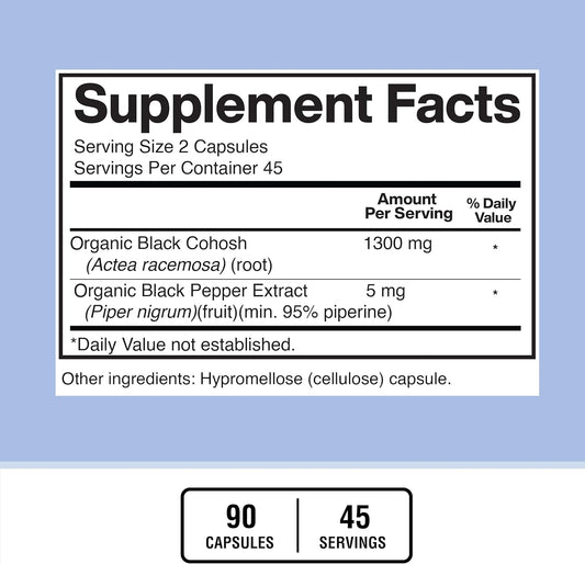 American Standard Supplements Black Cohosh 1300Mg Per Serving With Black Pepper Fruit Extract - Vegan, Gluten Free, Non-Gmo, 90 Capsules, 45 Servings