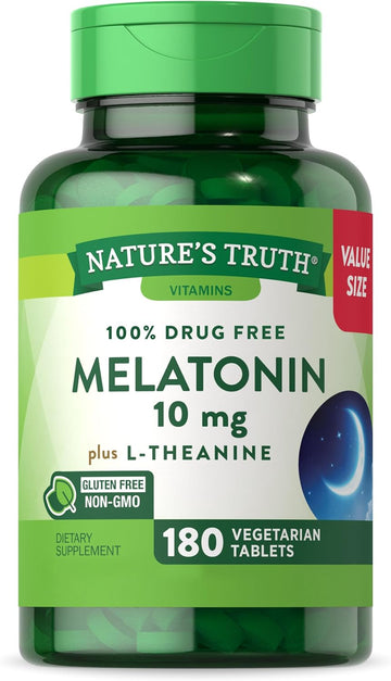 Nature'S Truth Melatonin Tablets | 10Mg | 180 Count | With L-Theanine | 100% Drug Free Supplement For Adults | Vegetarian, Non-Gmo & Gluten Free Supplement
