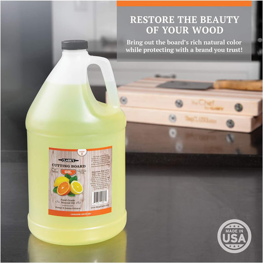 CLARK'S Cutting Board Mineral Oil - Food-Grade Mineral Oil Enriched With Orange & Lemon Extracts - Penetrates Deep Into The Wood - Perfectly Scented With Essential Oils - Prevents Cracking Or Warping