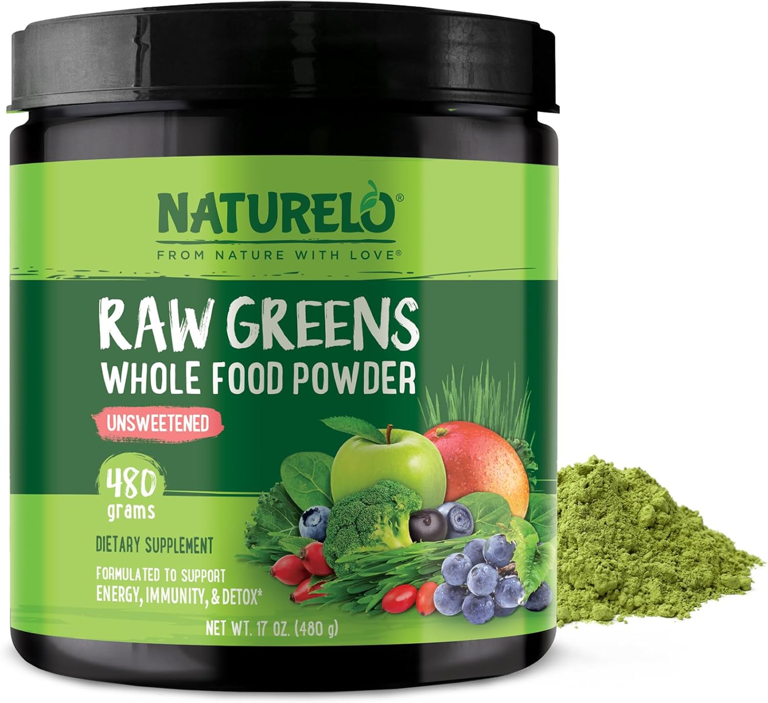 Naturelo Raw Greens Superfood Powder - Unsweetened - Boost Energy, Detox, Enhance Health - Organic Spirulina - Wheat Grass - Whole Food Nutrition From Fruits & Vegetables - 480 Grams