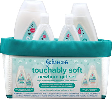 Johnson'S Touchably Soft Newborn Baby Gift Set For New Parents, Baby Bath & Skincare Essentials For Newborn Skin, Hypoallergenic, Free Of Paraben, Sulfates, And Dyes, 5 Items