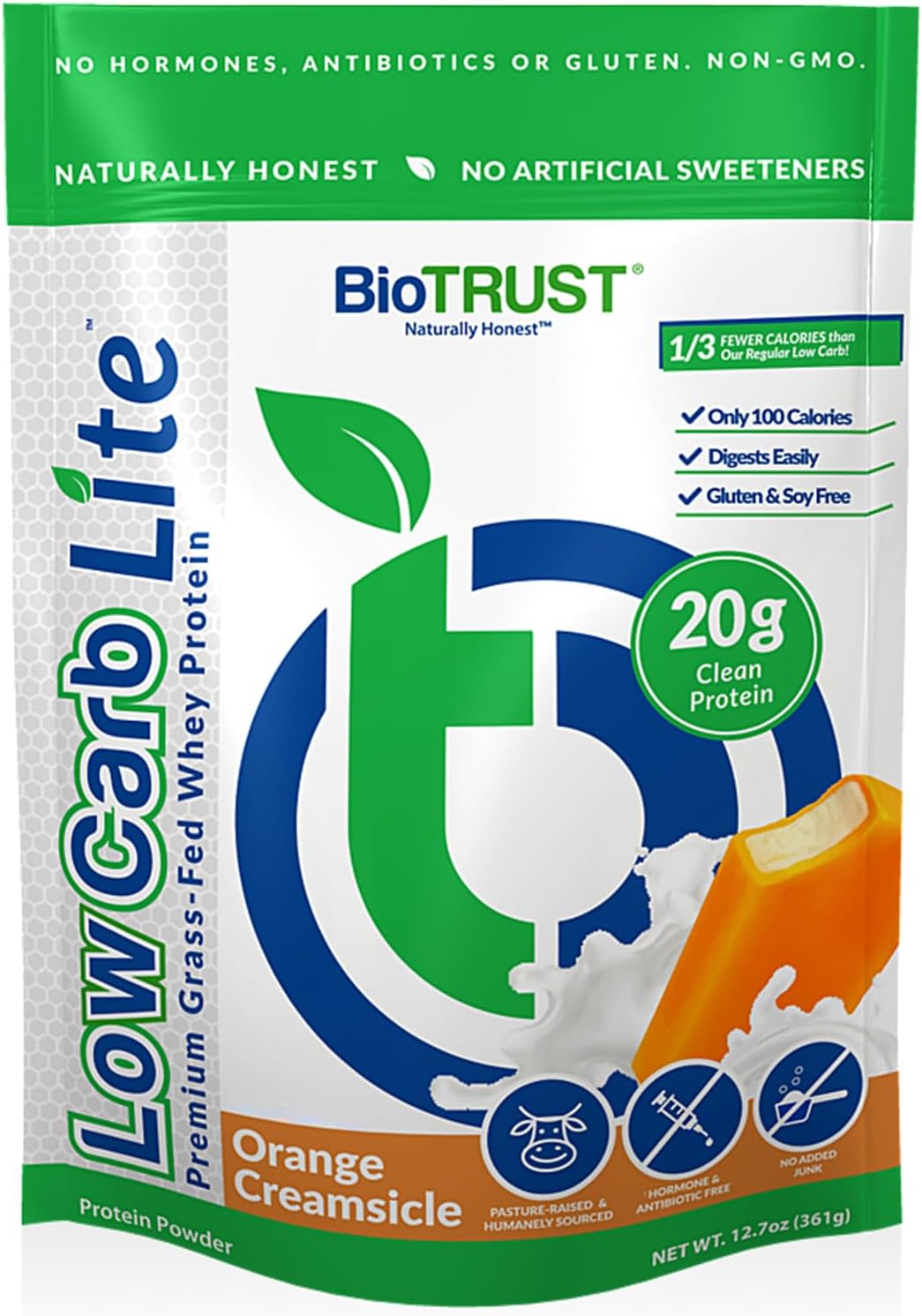 Biotrust Low Carb Lite, 20 Grams Of Grass-Fed Whey Protein Isolate, 100 Calories, Prohydrolase Digestive Enzymes, Non-Gmo, Free From Soy And Gluten, Rbgh-Free (14 Servings) (Orange Cream)