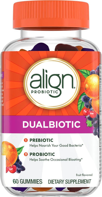 Align Dualbiotic, Prebiotics And Probiotics For Women And Men, Probiotics For Digestive Health, Prebiotics Help Nourish Good Bacteria, Natural Fruit Flavors, 60 Probiotic Gummies