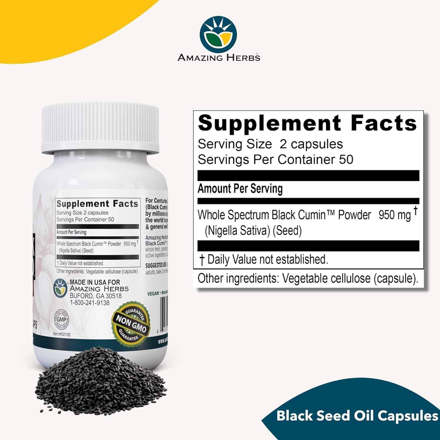 Amazing Herbs Whole Spectrum Black Seed Original Plain, Vegetarian Capsules - Gluten Free, Non GMO, Cold Pressed Nigella Sativa Aids in Digestive Health - 100 Count, 475mg : Health & Household