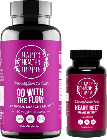 Happy Healthy Hippie Go With The Flow Hormone Balance Supplement (180Ct) & Beetroot Capsules (60Ct)