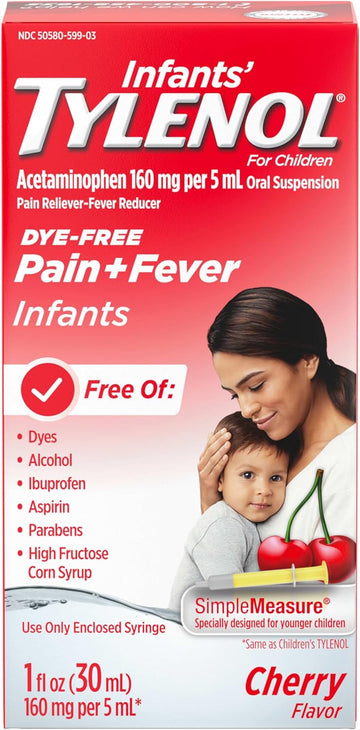 Tylenol Infants Oral Suspension Liquid Medicine With Acetaminophen, Baby Fever Reducer & Pain Reliever For Minor Aches & Pains, Sore Throat, Headache & Teething Pain, Dye-Free Cherry, 1 Fl. Oz