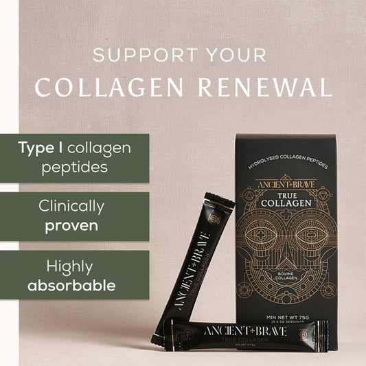 Ancient + Brave True Collagen Sachets 15 X 5 Grams - Grass-Fed Bovine Collagen Powder - 100% Hydrolyzed Collagen Peptides - High Protein - Beauty - Collagen Powder For Women - Halal & Kosher Certified