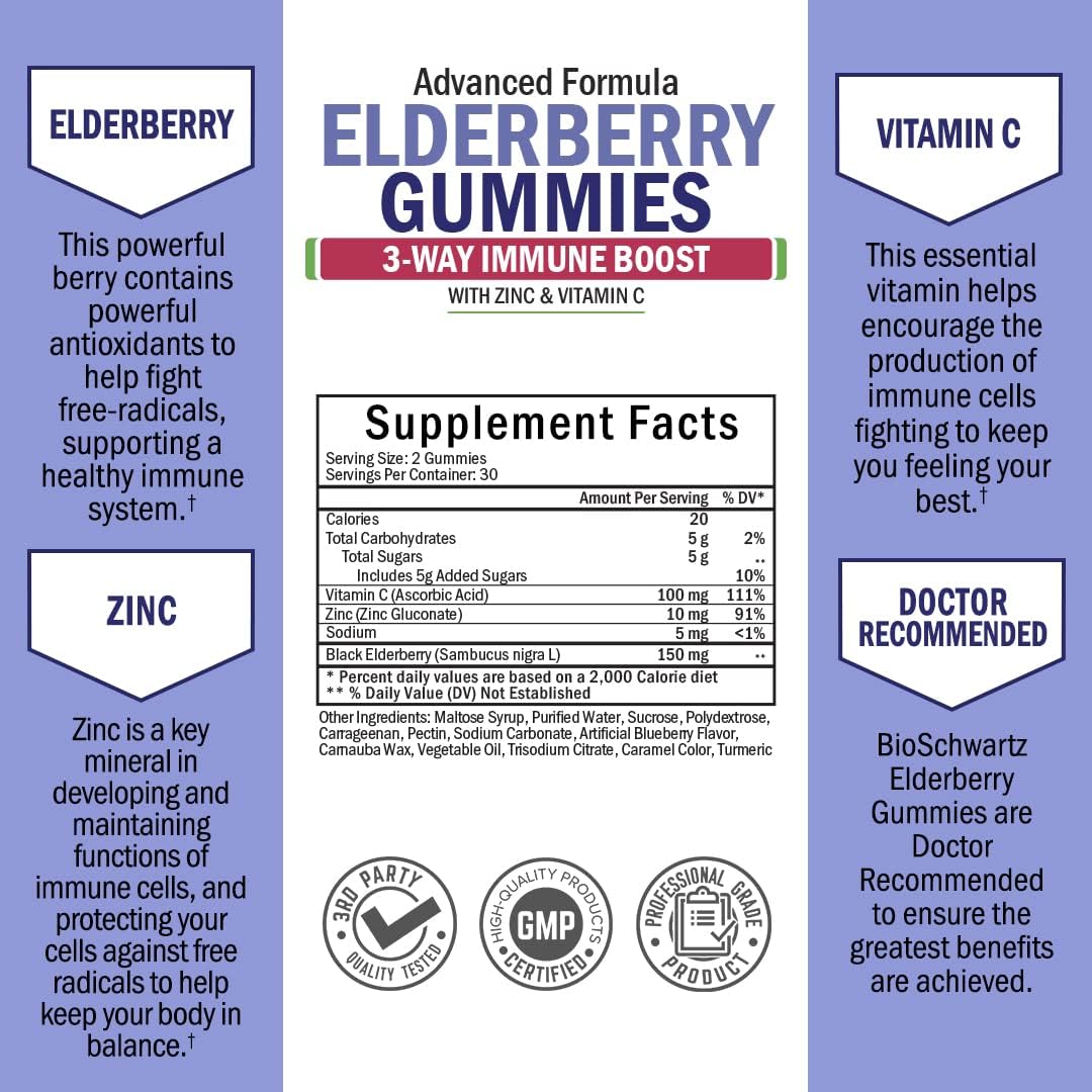 Elderberry Gummies with Zinc and Vitamin C for Adults & Kids - Natural Immune Support - Black Sambucus Elderberries - Powerful Multiminerals Supplement - Gluten-Free, Non-GMO, Made in USA, 60 ct : Health & Household