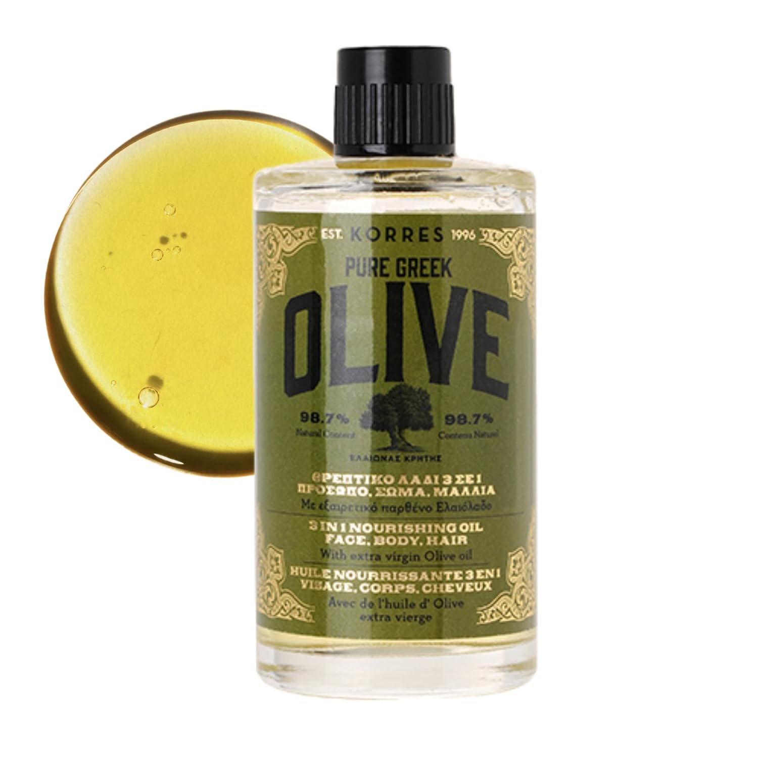 Korres Extra Virgin Olive Oil For Face, Hair And Body, Moisturizer For Dry Skin And Hair, Pure, Greek Cold Pressed Olive Oil, Multi-Tasker Skincare For Women, Hydrating And Nourishing, 3.38 Fl Oz