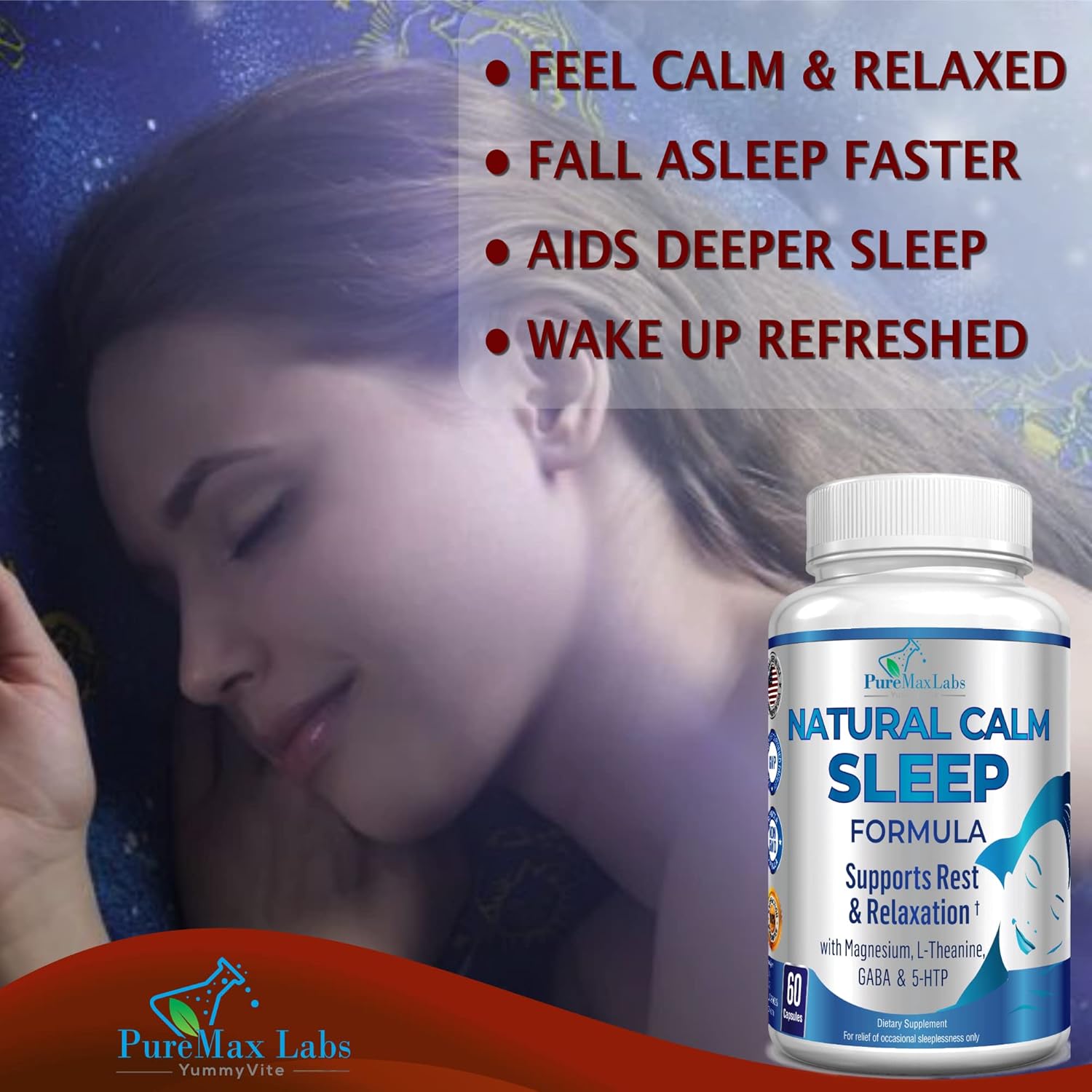 Natural Calm Sleep Aid With Magnesium, L-Theanine, Melatonin, Gaba, 5-Htp | Sleep Aid | Non-Gmo - 60 Capsules