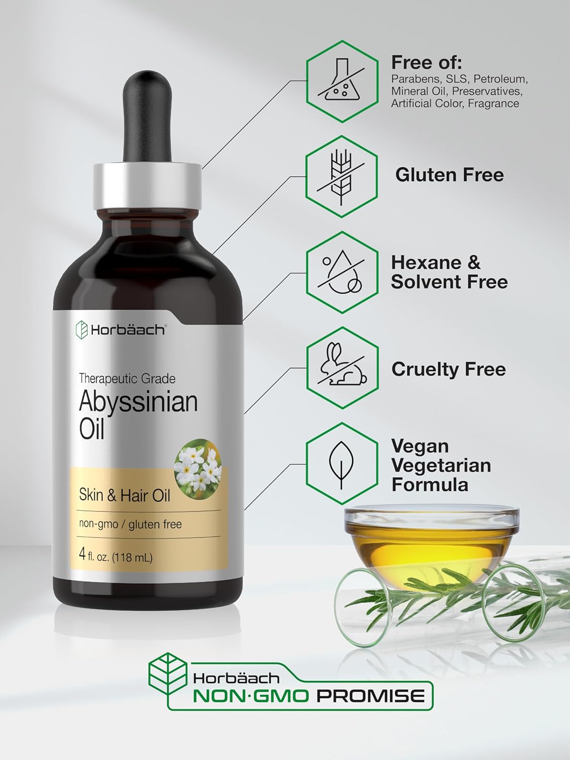 Horbäach Abyssinian Oil | 4 fl oz | Hair and Skin Oil | Paraben, SLS and Fragrance Free | from Crambe Abyssinica Seed : Beauty & Personal Care