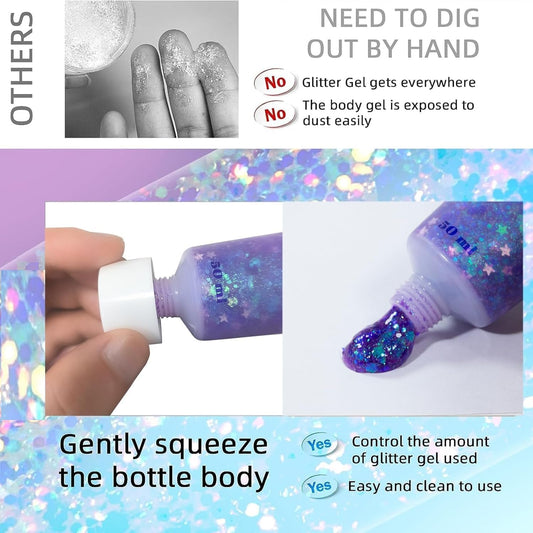 Beliky Girl Body Glitter Gel, 50Ml Face Glitters Body Gel Sequins Shimmer Liquid Eyeshadow, Mermaid Sequins Liquid Holographic Glitter Gel, Chunky Glitter For Face Hair Nails (Purple)