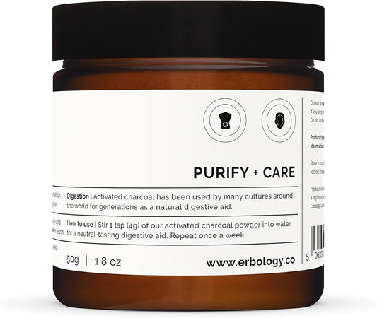 Erbology Activated Charcoal Powder 1.8 Oz - Teeth Whitening - Add To Face Masks, Toothpaste And Body Wraps For Natural Exfoliation - Natural Digestive Aid - Vegan - Recyclable Glass Jar