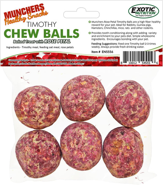 Munchers Rose Petals & Timothy Chew Balls - Healthy Natural Hay & Flower Chew Treat - Guinea Pigs, Hamsters, Rabbits, Degus, Prairie Dogs, Chinchillas, Squirrels, Opossums, Rats, Gerbils & Small Pets