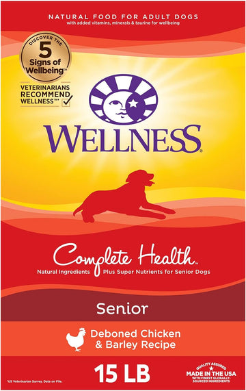 Wellness Complete Health Senior Dry Dog Food with Grains, Chicken & Barley, 15-Pound Bag