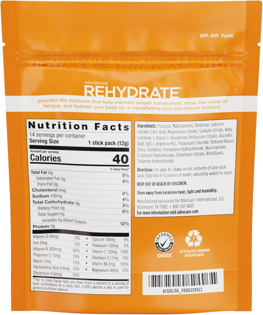 Advocare Rehydrate Electrolyte Drink Mix - Hydration & Recovery Drink With Sodium, Potassium & More - Orange, 14 Stick Packs