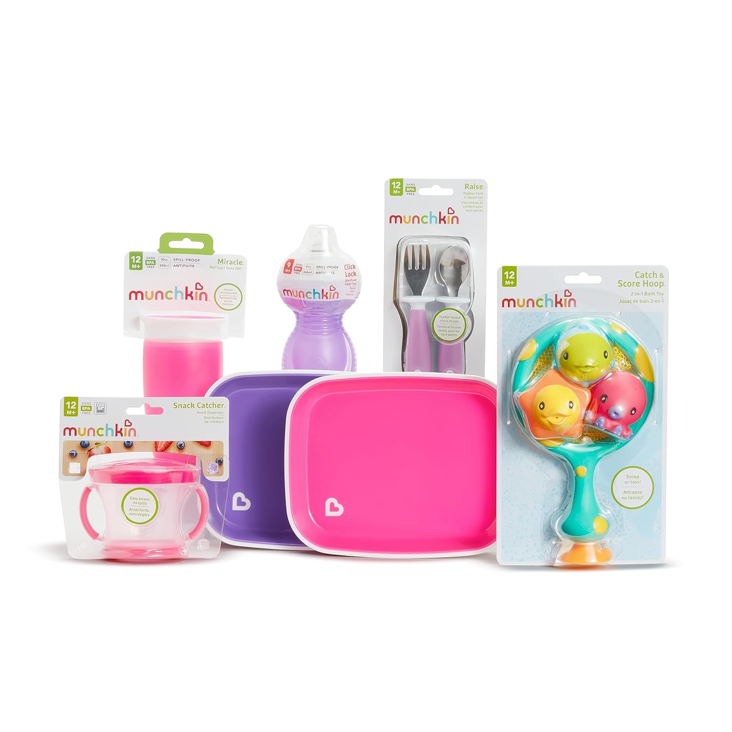 Munchkin® 1st Birthday Baby/Toddler Gift Set, Includes Sippy Cups, Plates, Feeding Utensils, Snack Catcher, Bath Toy and Teether, Pink : Baby