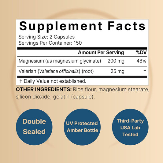 Pure Magnesium Glycinate For Sleep, 200Mg With Valerian Root, 300 Capsules | 100% Chelated & Purified Mineral Supplement – Ultra High Absorption – Non-Gmo, Gluten Free