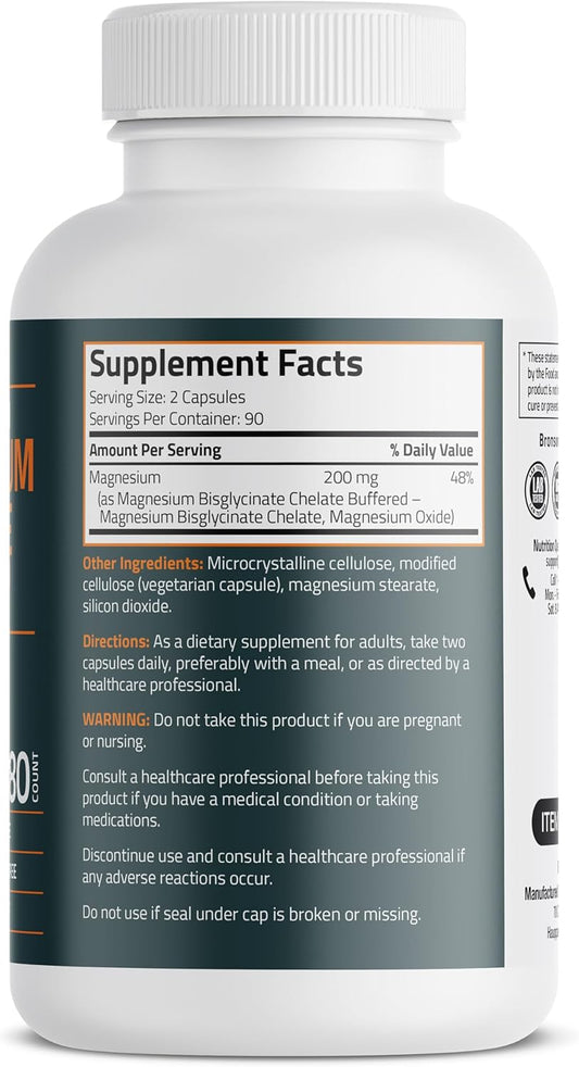 Bronson Magnesium Glycinate 200Mg High Absorption Chelated Buffered Gentle On The Stomach Non-Gmo, 180 Vegetarian Capsules