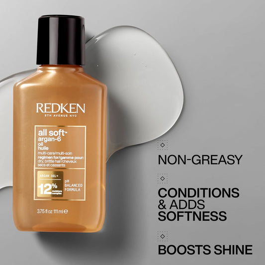 Redken Hair Oil, With Argan -6 Oil & Moisture Complex, Adds Softness And Boosts Shine, For Dry & Brittle Hair, Deeply Conditions And Moisturizes, All Soft Argan-6 Oil, 3.7 Fl.Oz