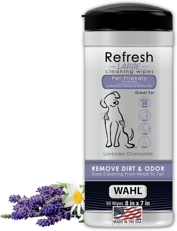 Wahl Usa Pet Refresh Lavender Cleaning Wipes For All Dog Breeds - Use On Ears, Nose, Paws, Bottom, & Sensitive Areas - 50 Wipes - 820018A