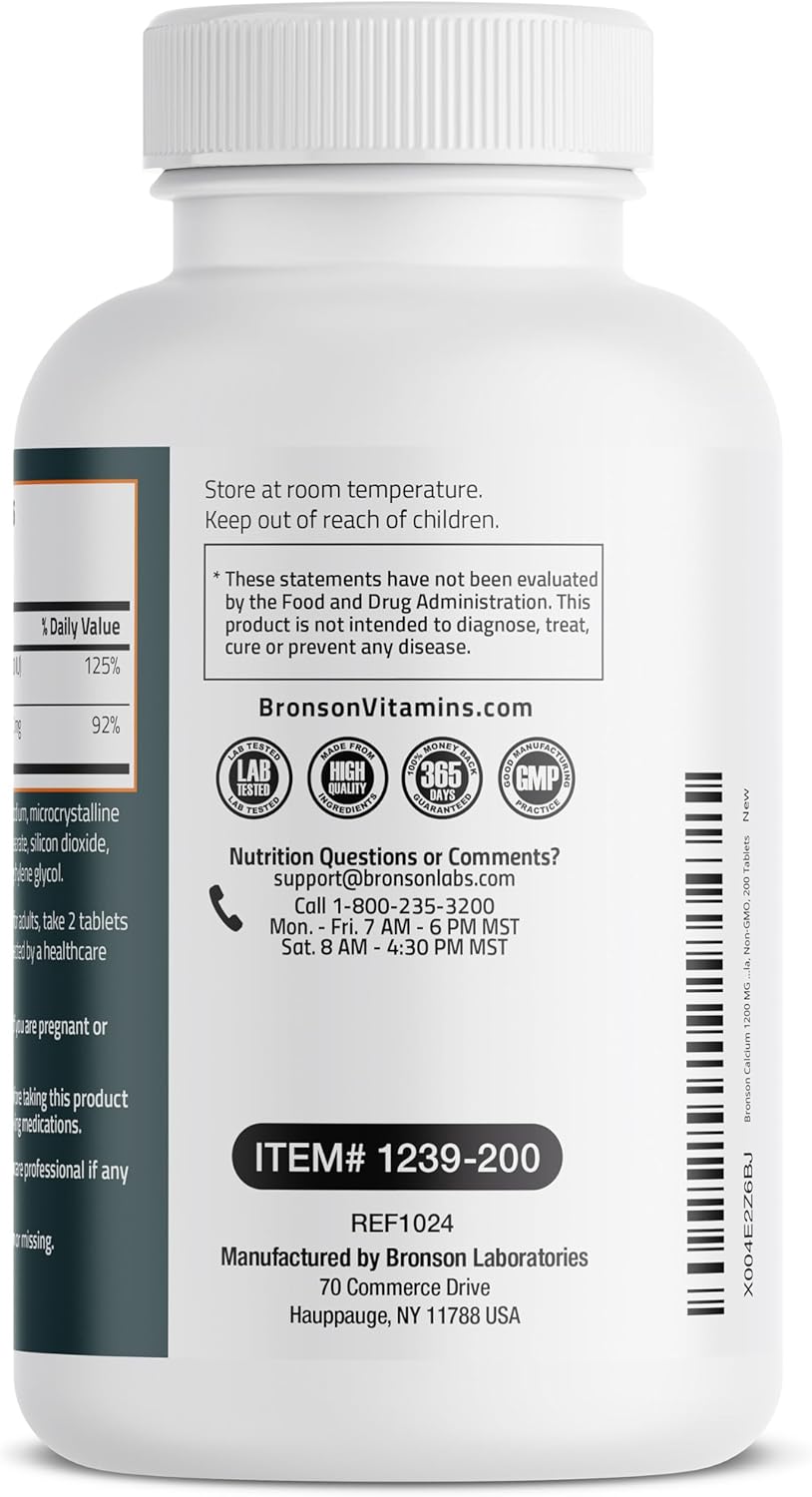 Bronson Calcium 1200Mg Per Serving Plus Vitamin D3 1000 Iu High Potency Formula, Non-Gmo, 200 Tablets