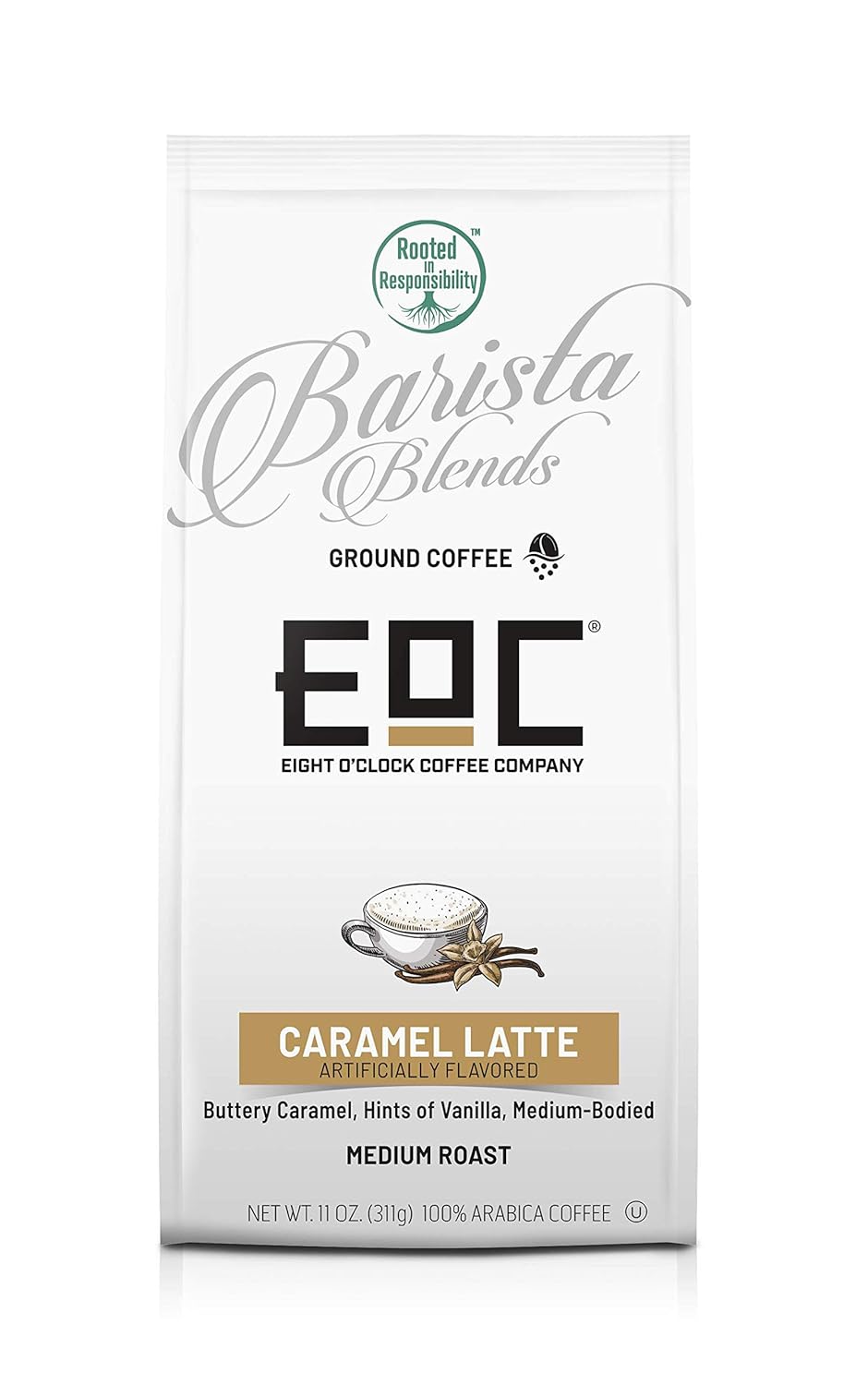 Eight O'Clock Coffee Barista Blends Caramel Latte, 11 Ounce, Medium Roast Ground Coffee, Buttery Caramel & Vanilla