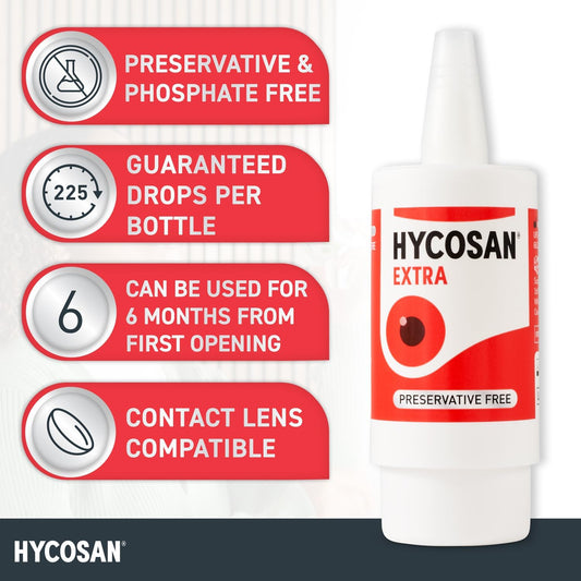 Hycosan Extra Double Pack - Eye Drops With Hyaluronic Acid For Soothing Relief Of Severe And Persistent Dry Eyes - Contact Lens Compatible - Preservative Free - 2X225 Measured Drops
