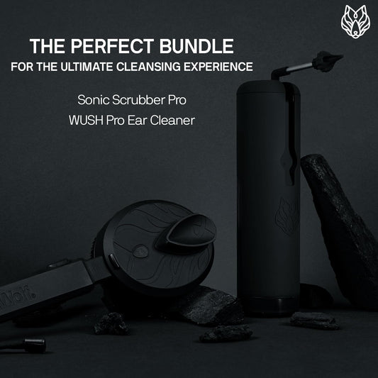 Sonic Scrubber Pro Kit and Wush Pro for Men by Black Wolf - Deluxe Water Powered Ear Cleaner - Electric Triple Jet Stream for Ear Wax Buildup - Water-Resistant Massage Brush with Silicone Bristles