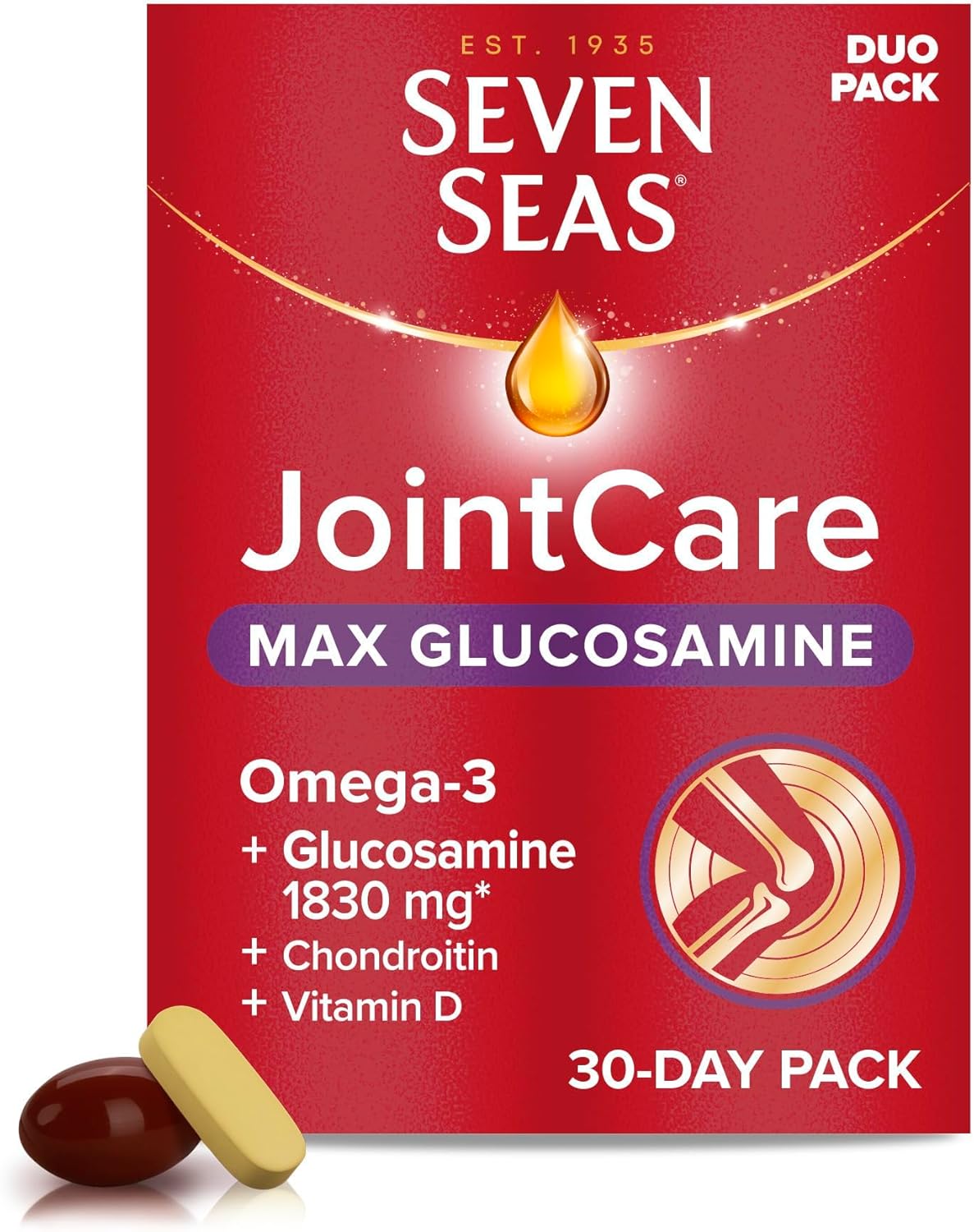 Seven Seas Jointcare Max With Glucosamine, Omega-3, Collagen, Vitamin C And D Supplements For Joints Capsules, 1 Month Supply, Multicoloured, 60 Count