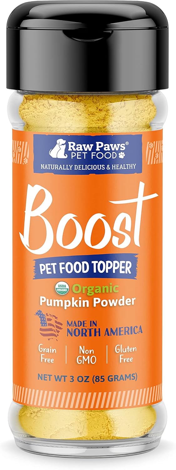 Raw Paws Boost Pet Food Topper Organic Pumpkin Powder, 3-Oz - Made In Usa - Grain-Free Dog Toppers For Dry Food - Anti Scoot Powder Pumpkin For Dogs - Vegan Dog Food Gravy - Dog Meal Toppers For Dogs