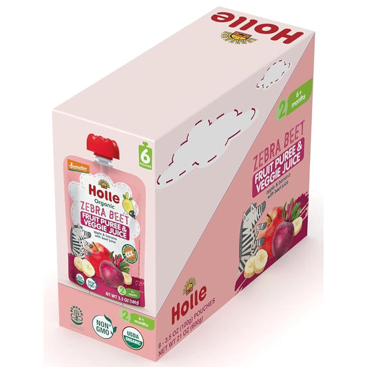 Holle Organic Baby Food Pouches - Zebra Beet Baby Puree with Apple, Banana & Beetroot - (6 Pack) Organic Baby Snacks + Fruit and Veggie Pouches for Weaning Babies 6 Months and Older